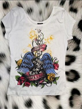 White Biker Design Graphic Tee with Blue Wings and Floral Print